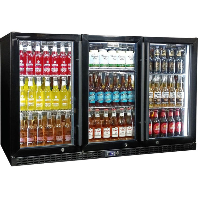 Bar Fridge | 3 Door | Schmick Heated Glass doors closed and full of drinks with white LED lights on