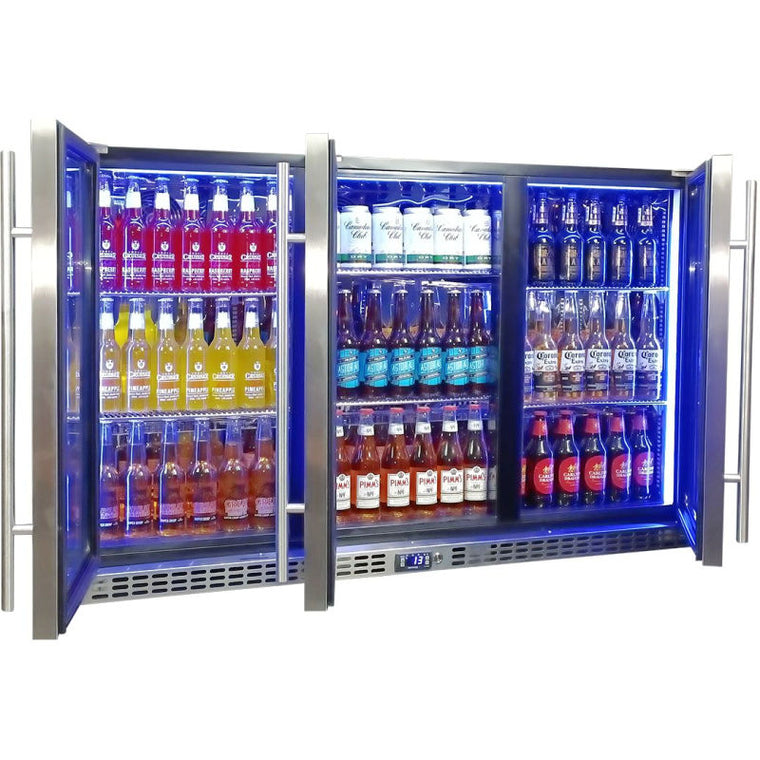 Bar Fridge | Solid 3 Door | Schmick SK386 doors open with blue LED lights on and full of cold drinks